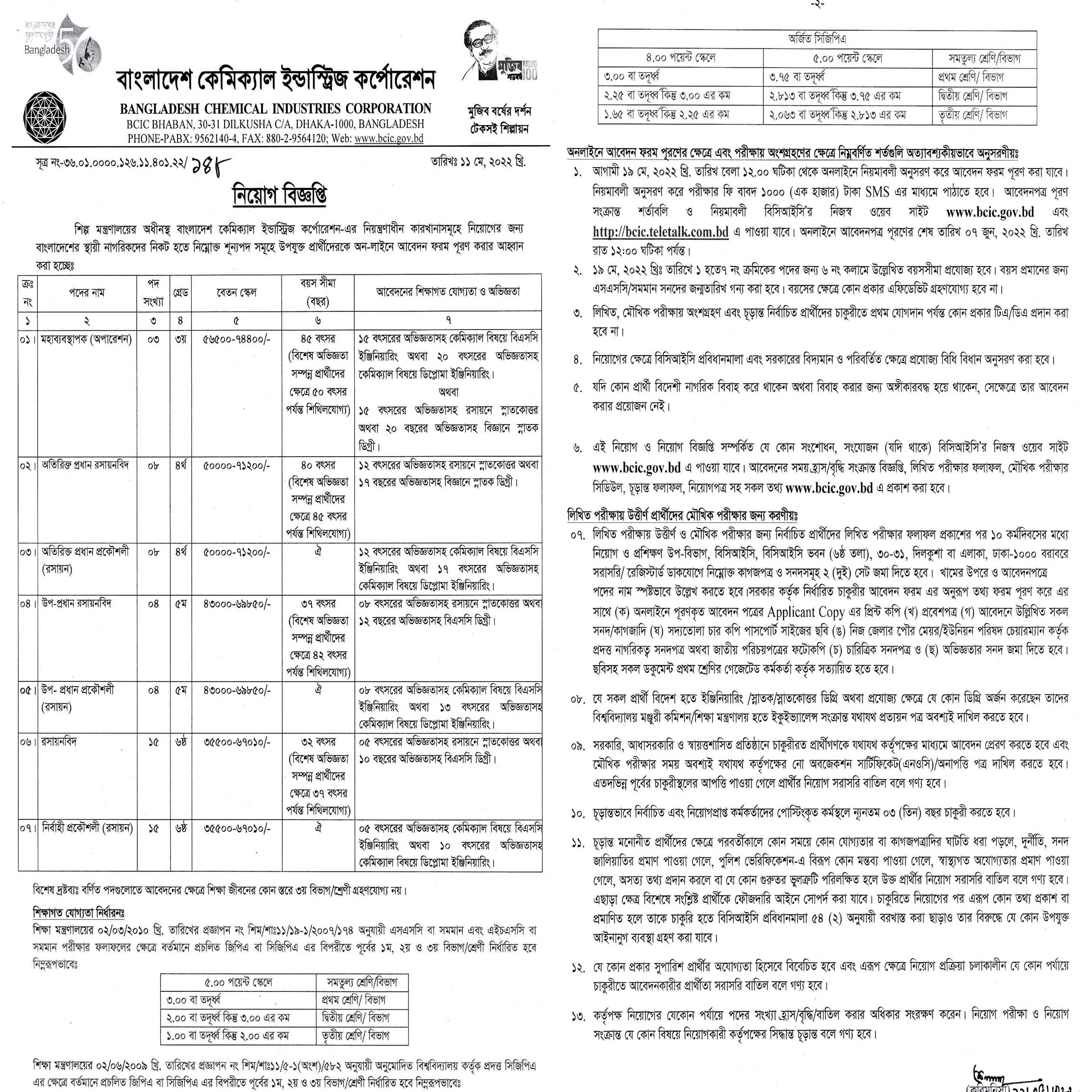 বাংলাদেশ কেমিক্যাল ইন্ডাস্ট্রিজ কর্পোরেশন নিয়োগ বিজ্ঞপ্তি ২০২২, Bcic job circular 2022