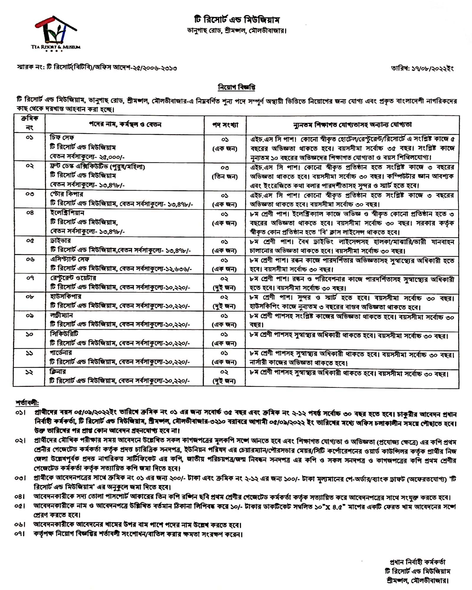 একাধিক পদে জনবল নিয়োগ দেবে টি রিসোর্ট এন্ড মিউজিয়াম, gov job, govt job, সরকারি চাকরি, সরকারি চাকরির খবর, চাকরির খবর, 