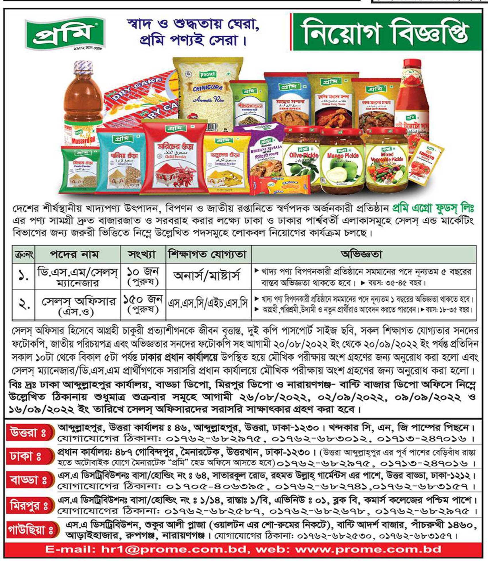 একাধিক পদে ১৬০ জনকে নিয়োগ দেবে প্রমি এগ্রো ফুডস লিমিটেড, আজকের  চাকরির খবর,