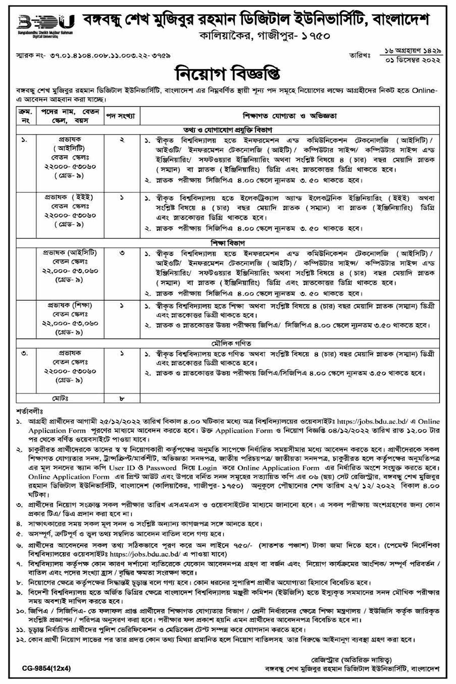 একাধিক প্রভাষক নিয়োগ দেবে বঙ্গবন্ধু শেখ মুজিবুর রহমান ডিজিটাল ইউনিভার্সিটি, চাকরির খবর, job, jobs, 