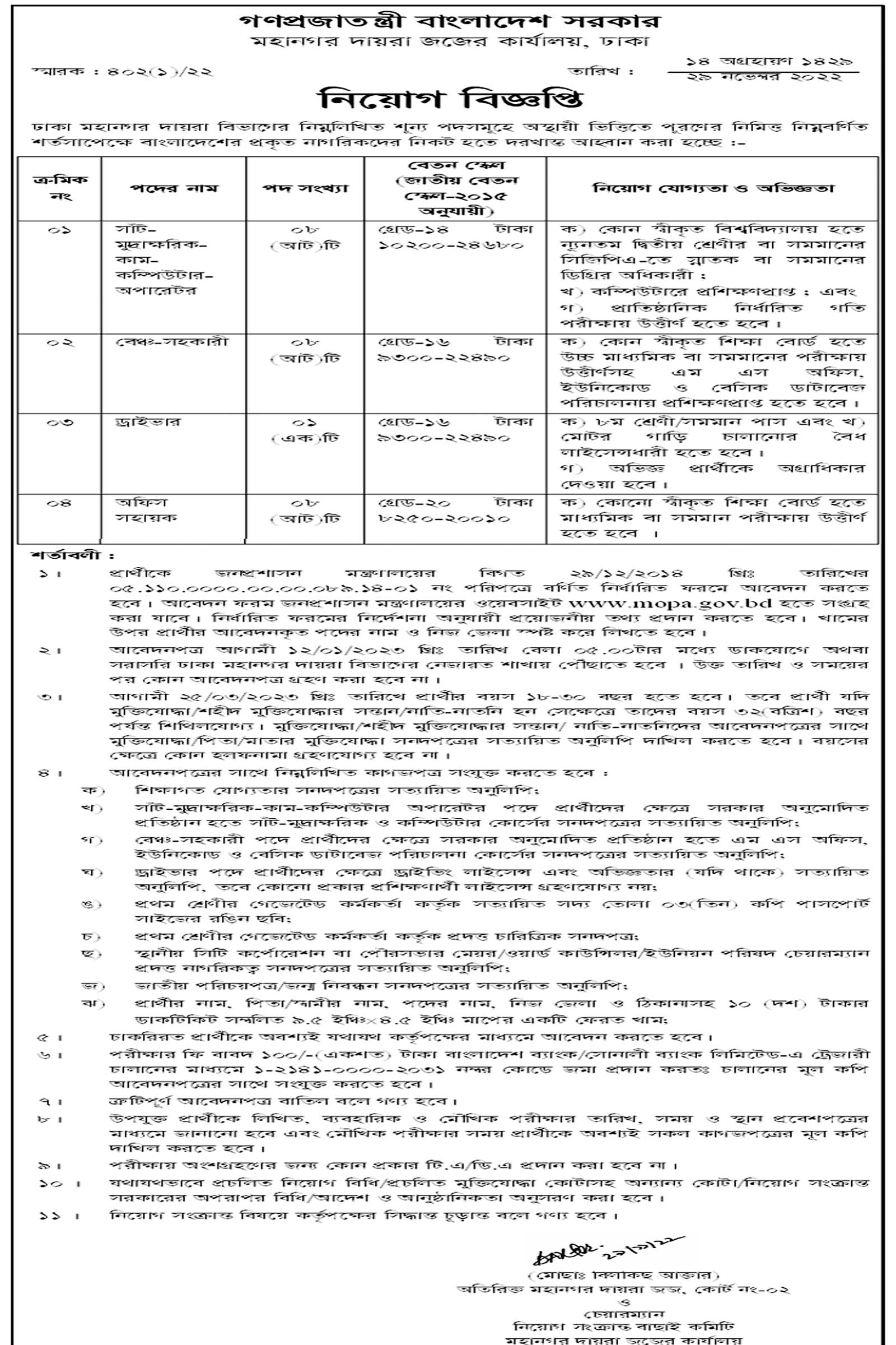 ঢাকা মহানগর দায়রা জজ আদালত নিয়োগ বিজ্ঞপ্তি ২০২২, gov job, govt job bd, govt job circular 2022, govt job circular bd, সরকারি চাকরি, সরকারি চাকরির খবর, সরকারি চাকরির খবর ২০২২, 