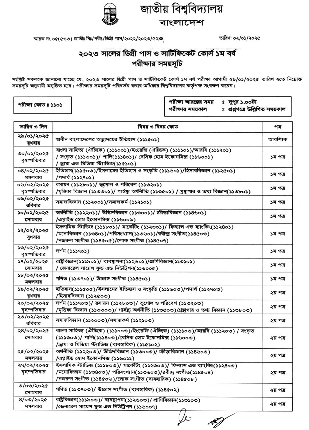 ডিগ্রি ১ম বর্ষের পরীক্ষার রুটিন ২০২৫, NU Degree 1st Year Exam Routine 2025, Degree 1st Year Exam Routine 2025,