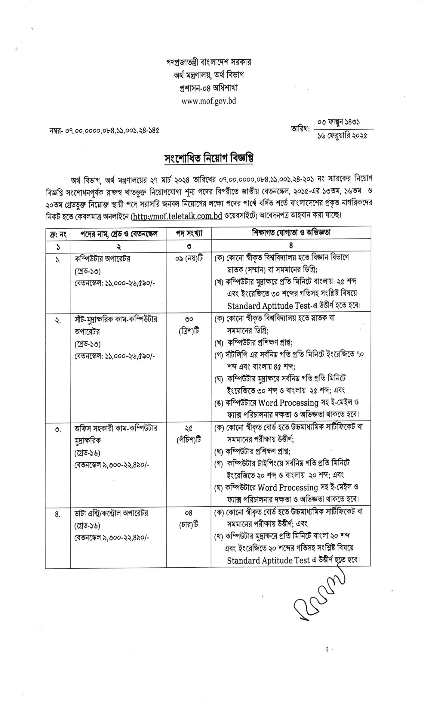 অর্থ মন্ত্রণালয় নিয়োগ বিজ্ঞপ্তি ২০২৫, Ministry of Finance MOF Job Circular 2025, MOF Job Circular 2025