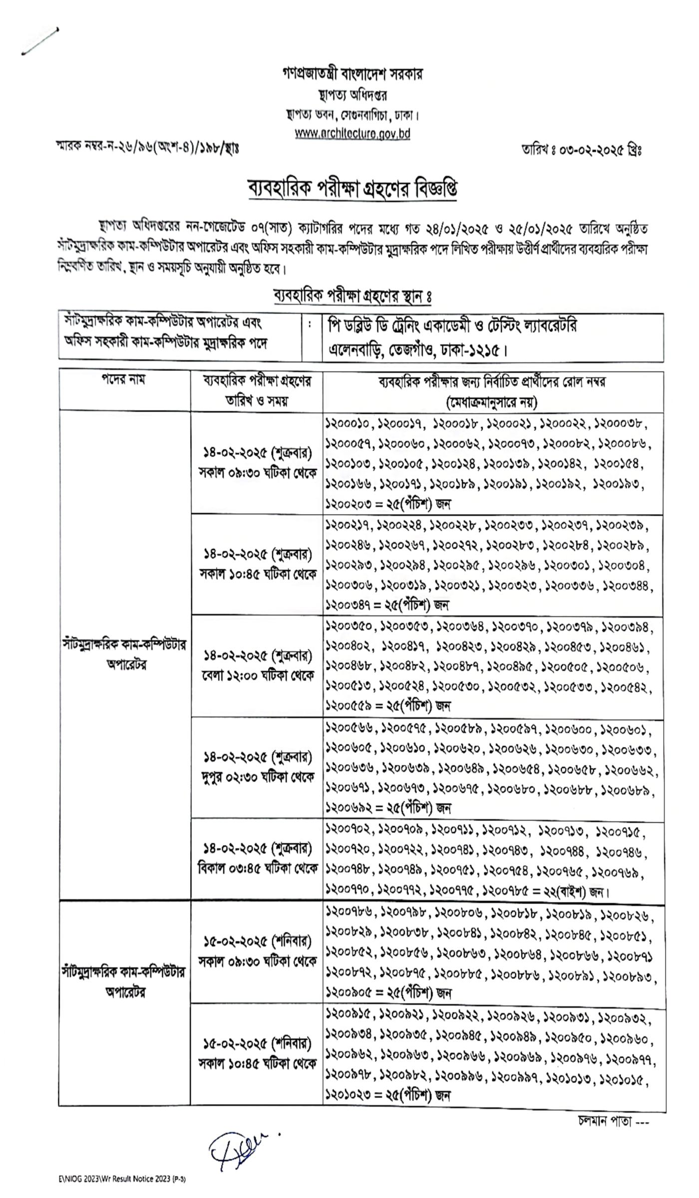 স্থাপত্য অধিদপ্তরের বিভিন্ন পদের ব্যবহারিক পরীক্ষার সময়সূচি প্রকাশ